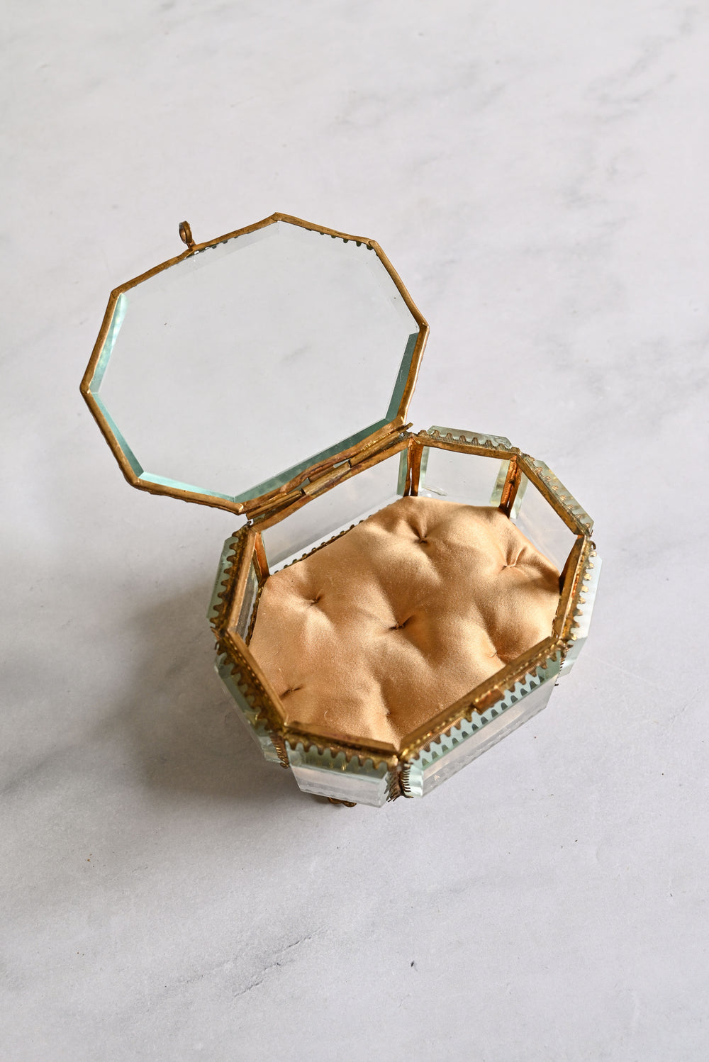 rare antique french octagonal ormolu and beveled glass bijoux casket, extra large