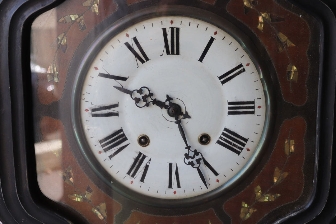 antique french napoleon III wall clock with mother of pearl inlay