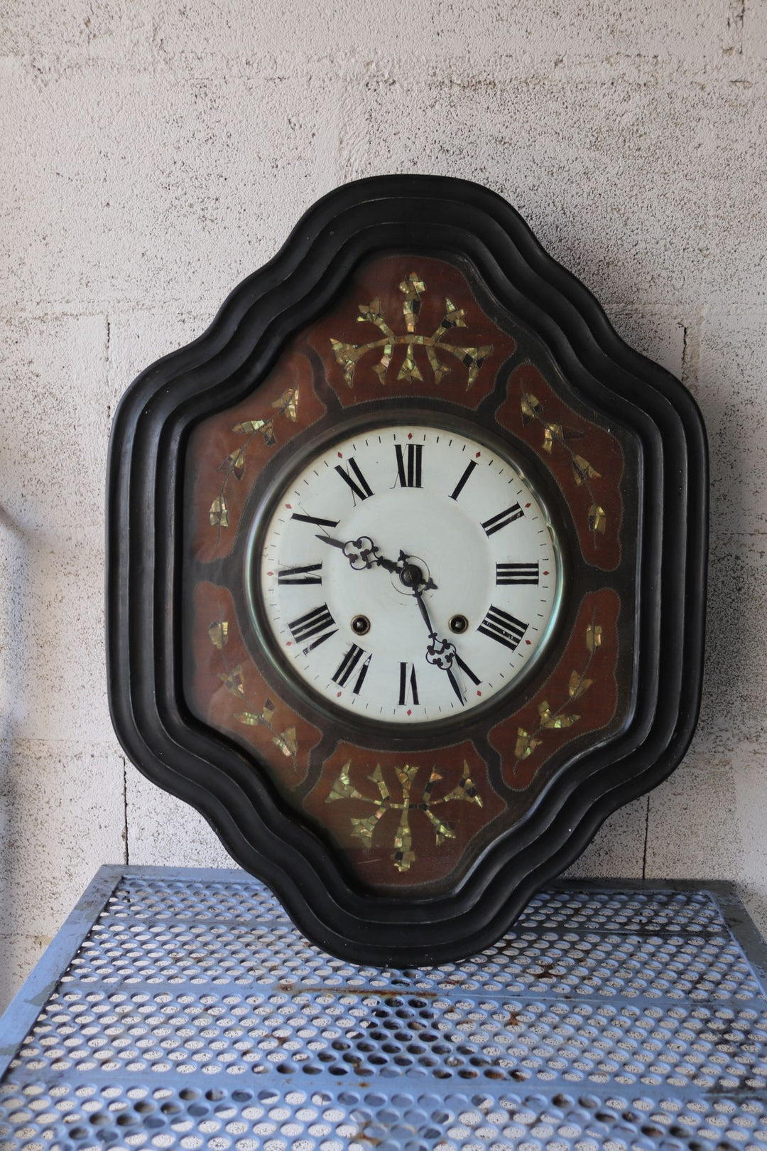 antique french napoleon III wall clock with mother of pearl inlay