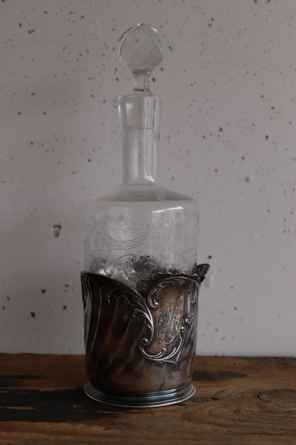 antique french liqueur bottle with silverplate mount