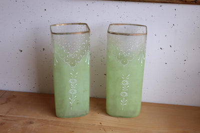 pair of antique french hand painted frosted glass vases