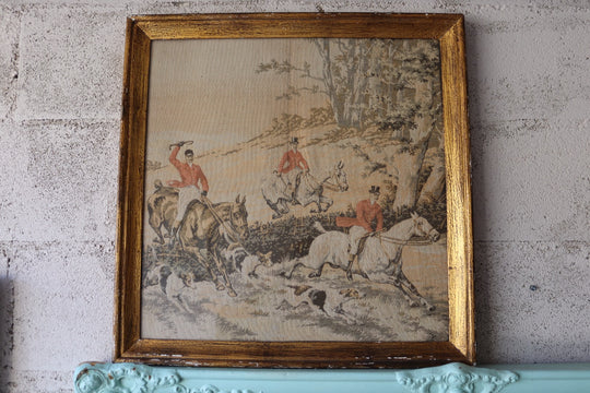 pair of framed vintage french "la chasse" tapestries