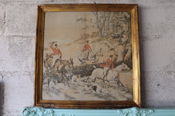 pair of framed vintage french "la chasse" tapestries