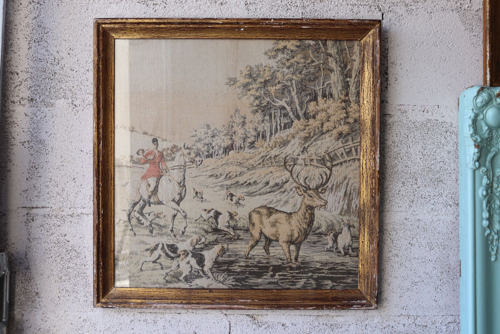 pair of framed vintage french "la chasse" tapestries