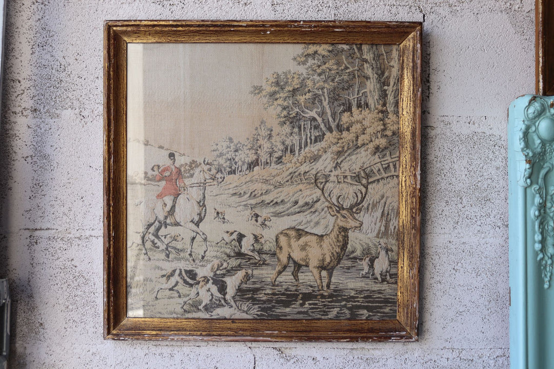 pair of framed vintage french "la chasse" tapestries