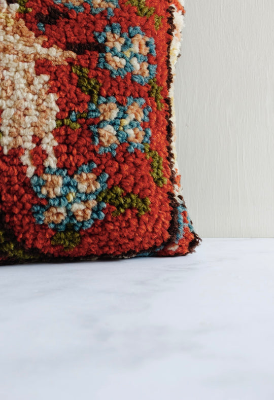 rare vintage French hand hooked wool tapestry pillow