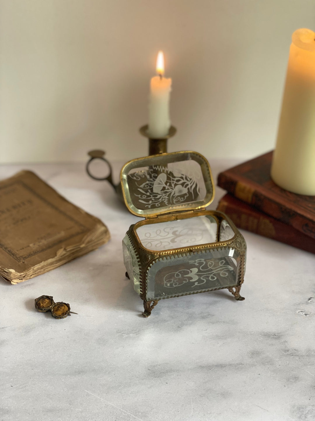 turn of the century ormolu and hand etched beveled glass bijoux casket