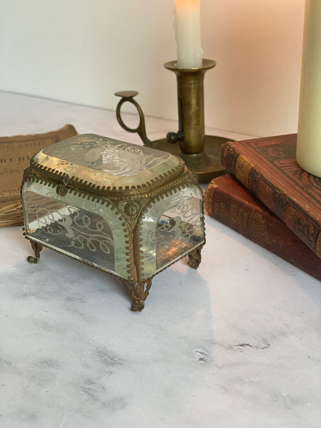 turn of the century ormolu and hand etched beveled glass bijoux casket