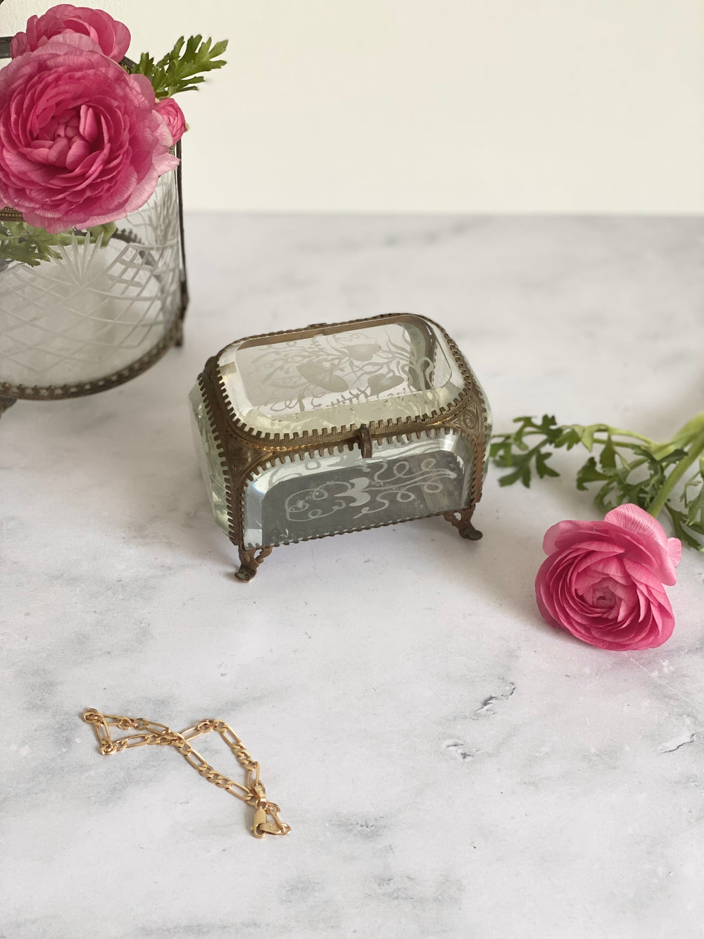 turn of the century ormolu and hand etched beveled glass bijoux casket