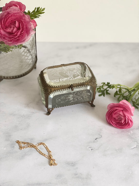 turn of the century ormolu and hand etched beveled glass bijoux casket