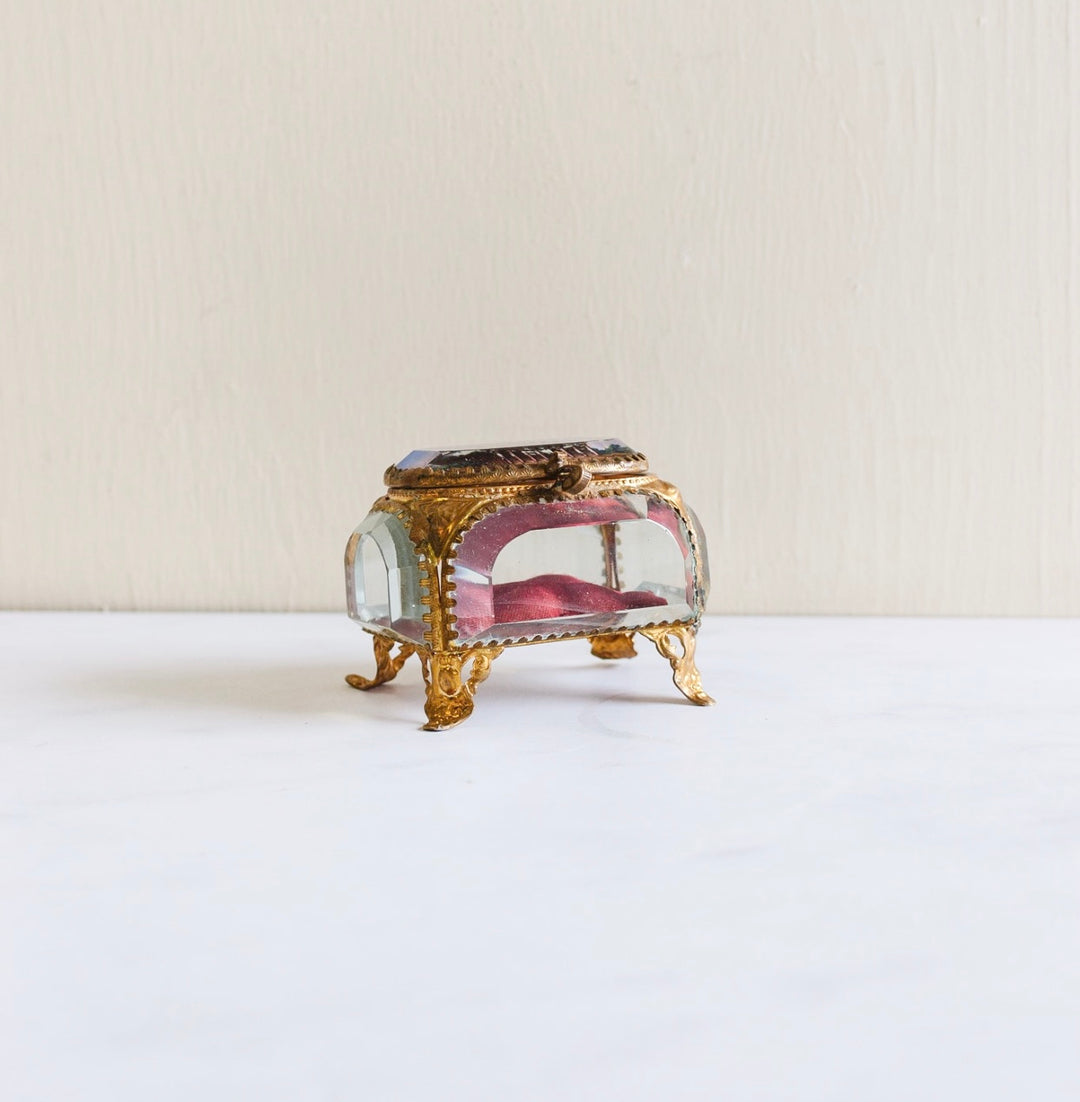 antique French beveled glass and ormolu souvenir bijoux casket