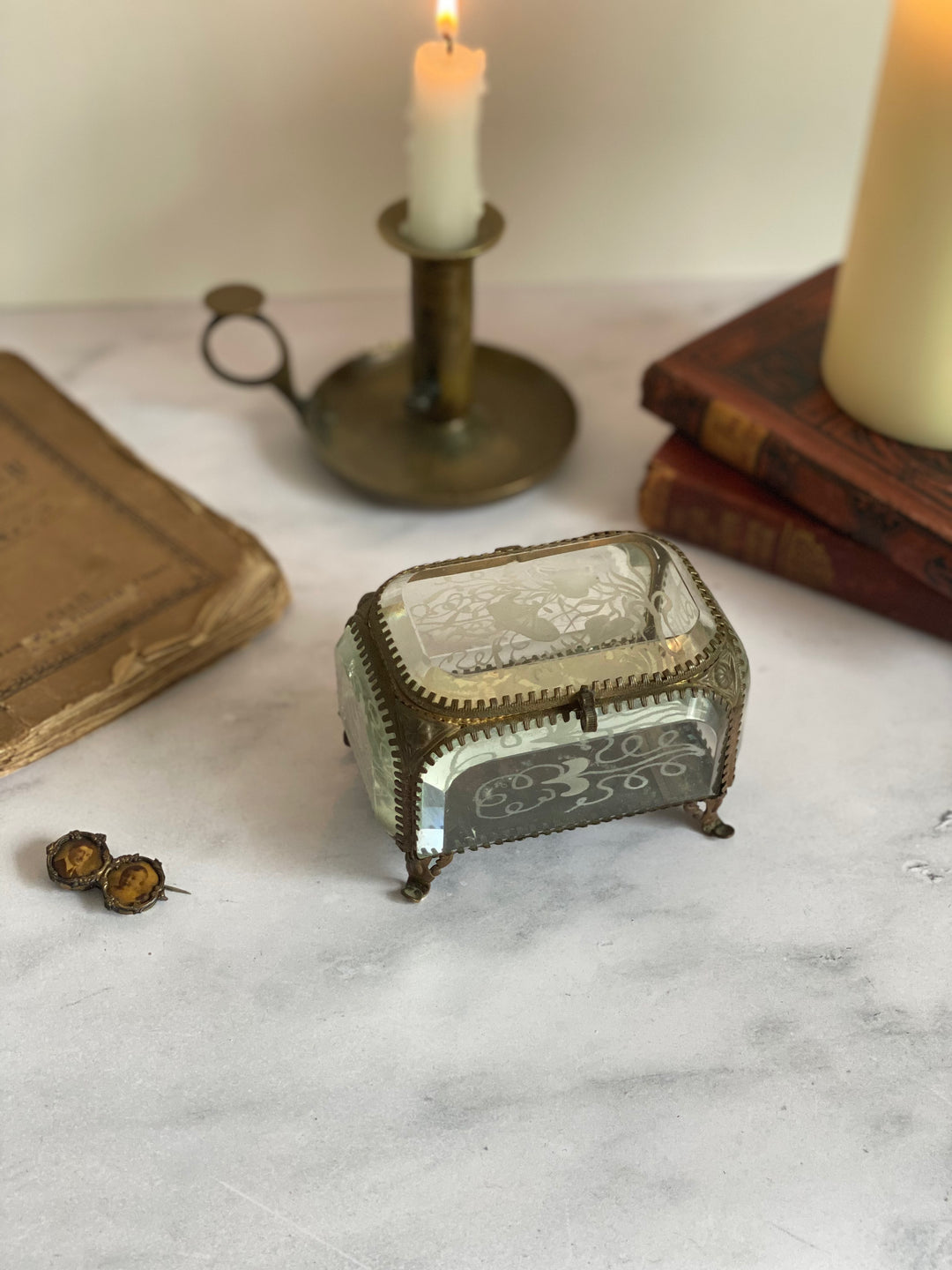 turn of the century ormolu and hand etched beveled glass bijoux casket