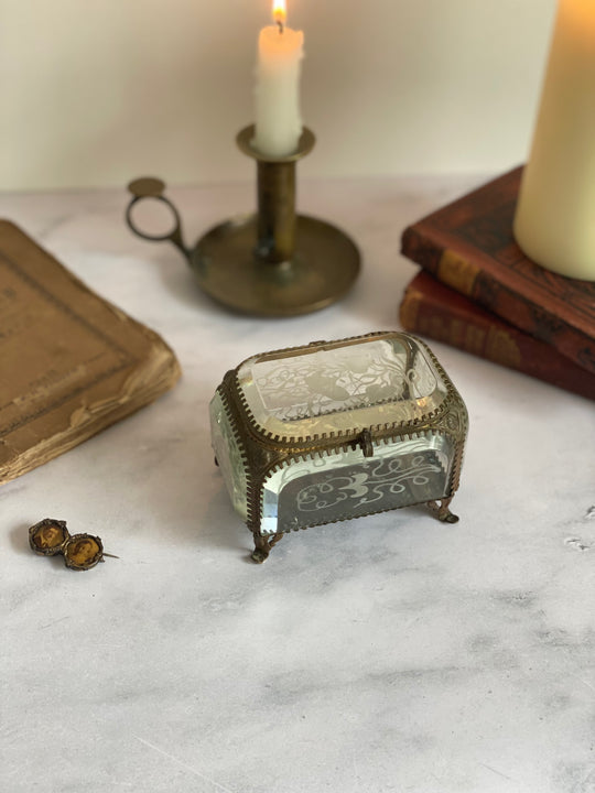 turn of the century ormolu and hand etched beveled glass bijoux casket