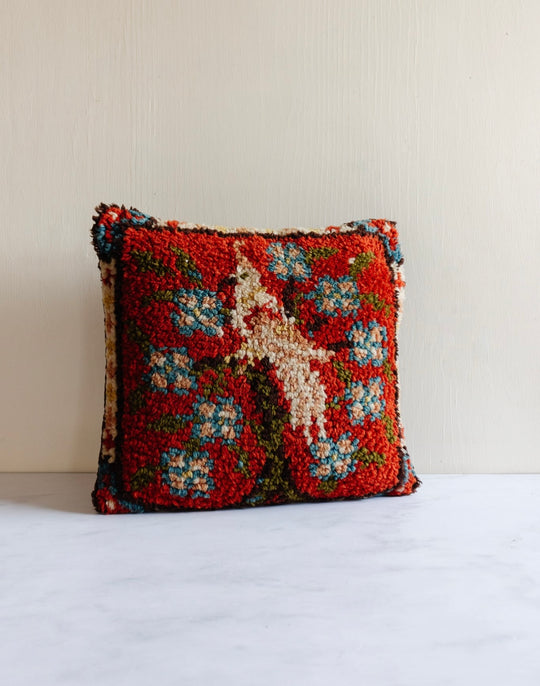 rare vintage French hand hooked wool tapestry pillow