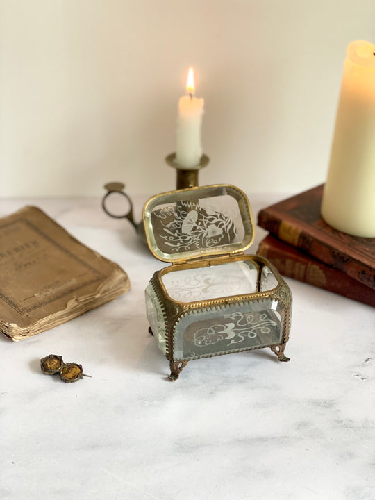 turn of the century ormolu and hand etched beveled glass bijoux casket