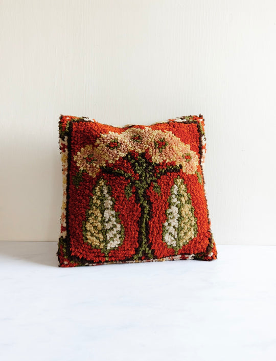 rare vintage French hand hooked wool tapestry pillow