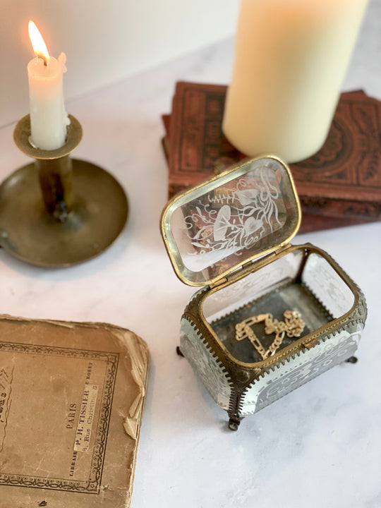 turn of the century ormolu and hand etched beveled glass bijoux casket