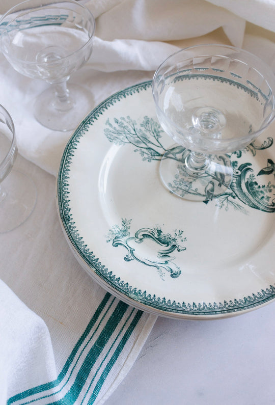 antique French “Rocaille” transferware dinner plates, set of 4