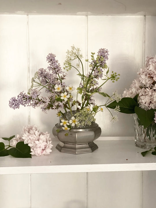 vintage French glass flower frog with pewter pedestal base
