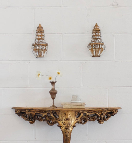 pair of midcentury French empire brass & crystal wall sconces