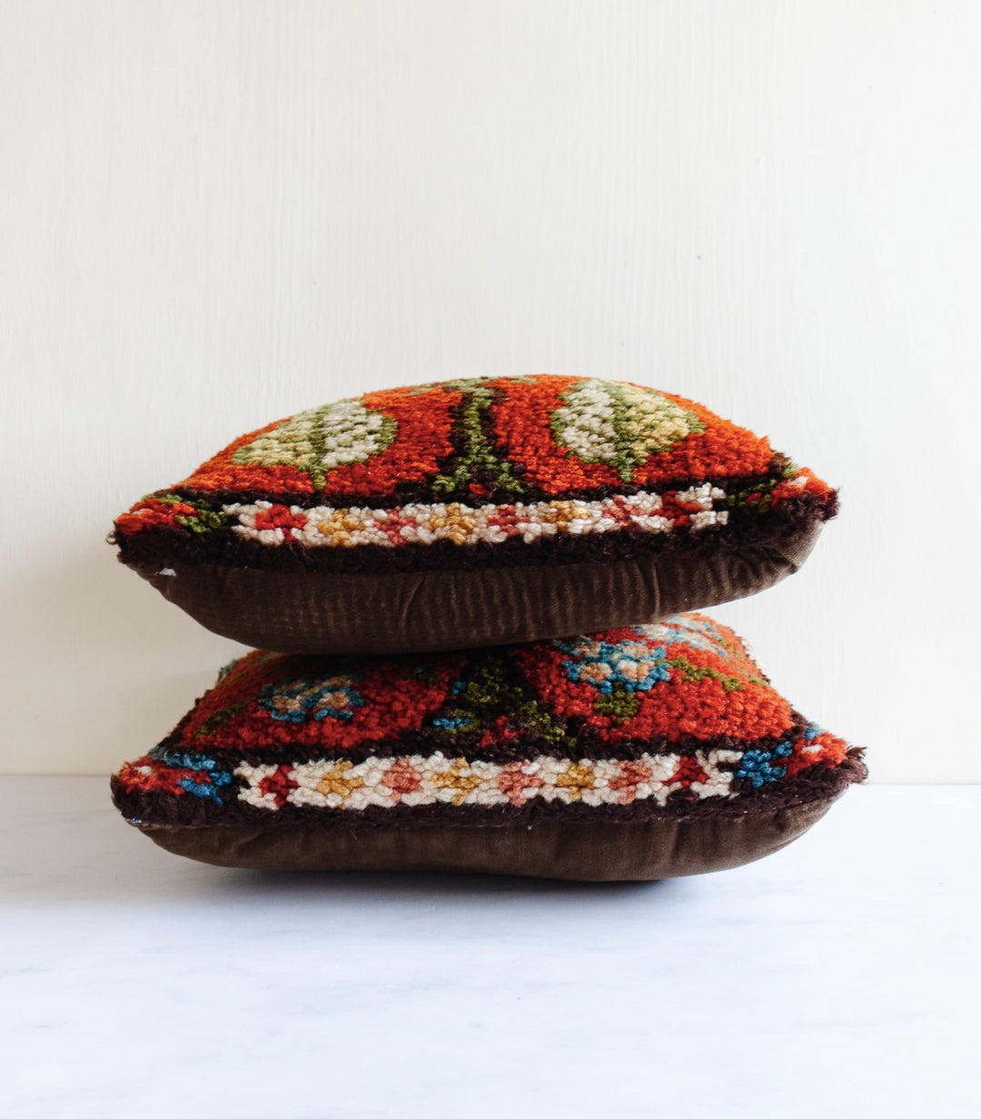 rare vintage French hand hooked wool tapestry pillow