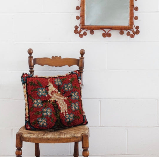 rare vintage French hand hooked wool tapestry pillow