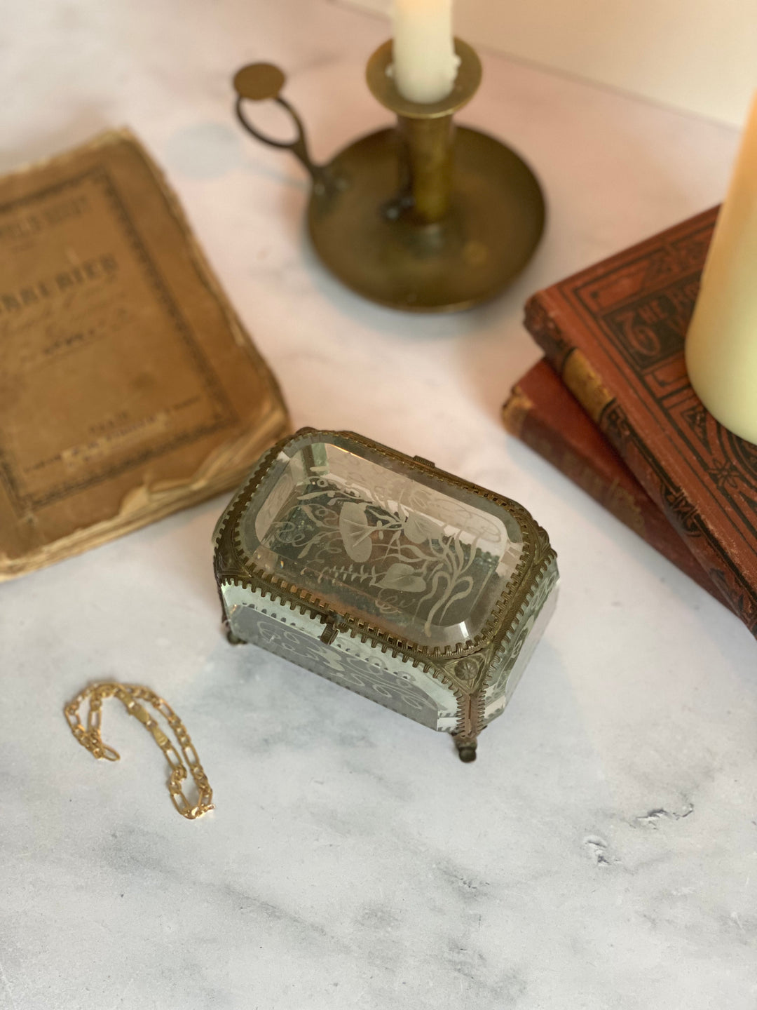 turn of the century ormolu and hand etched beveled glass bijoux casket