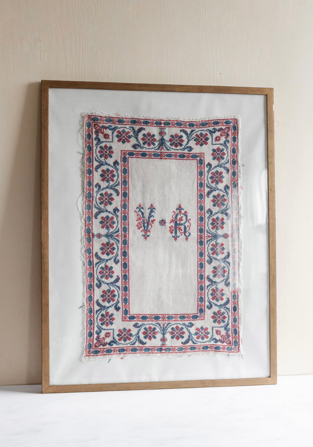 turn of the century French framed needlepoint textile remnant