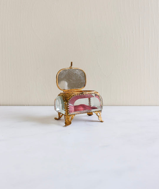 antique French beveled glass and ormolu souvenir bijoux casket