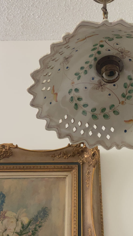 rare vintage Italian Caltagirone hand painted ceramic pendant light, signed by artist Nicolò Morales