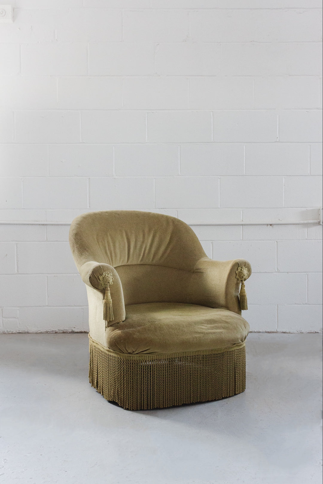 antique french *salvage* velvet crapaud chair with fringe