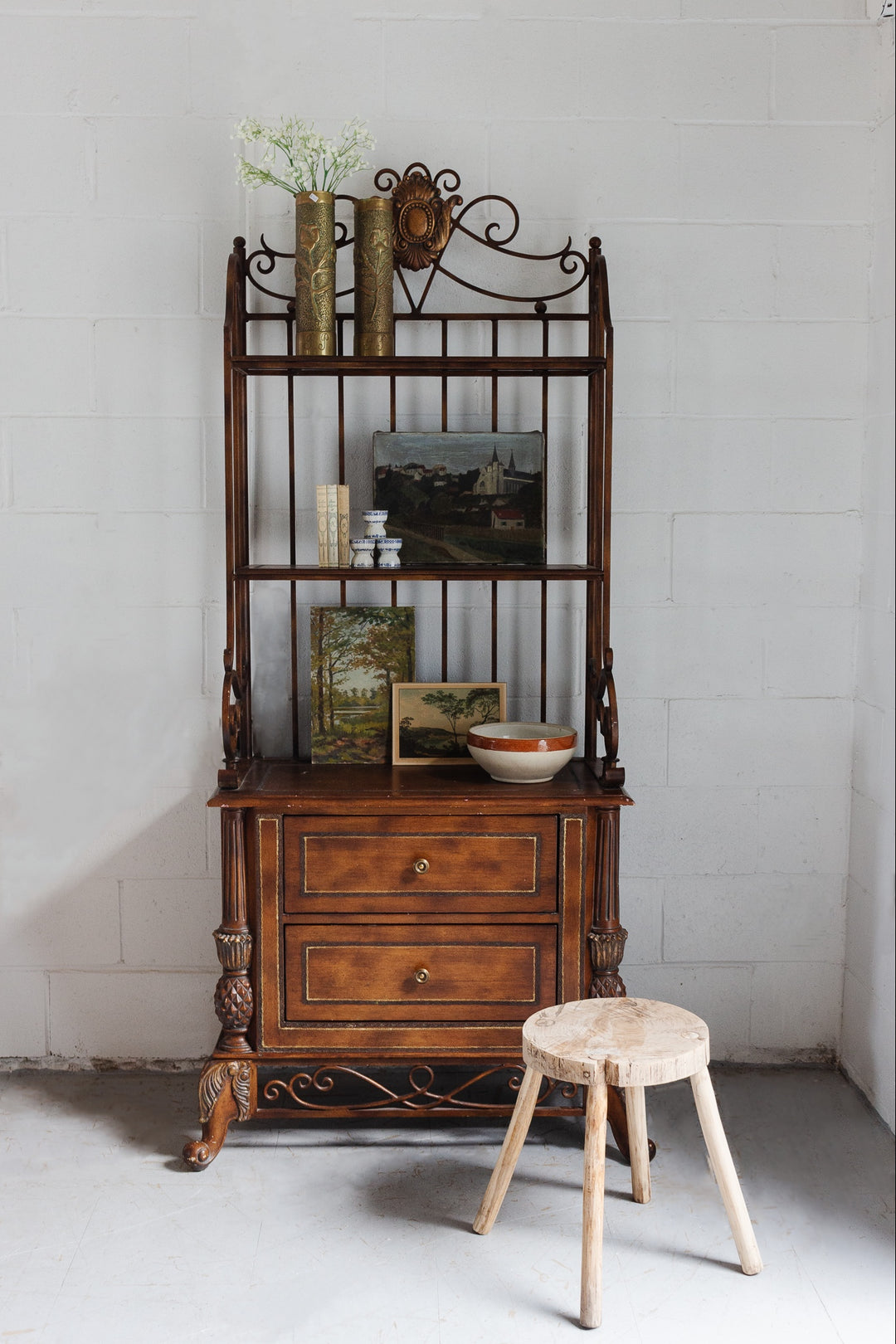 vintage wood and wrought iron bakers rack