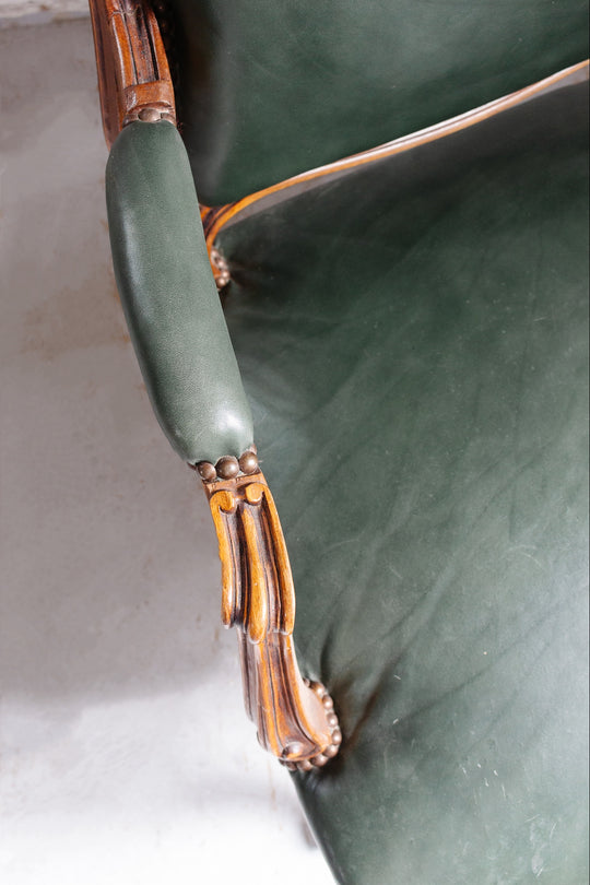 Louis XV carved walnut & leather armchair