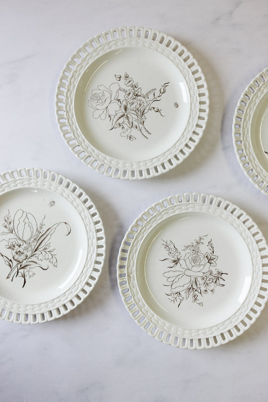 antique French Luneville lattice porcelain plates, set of 6