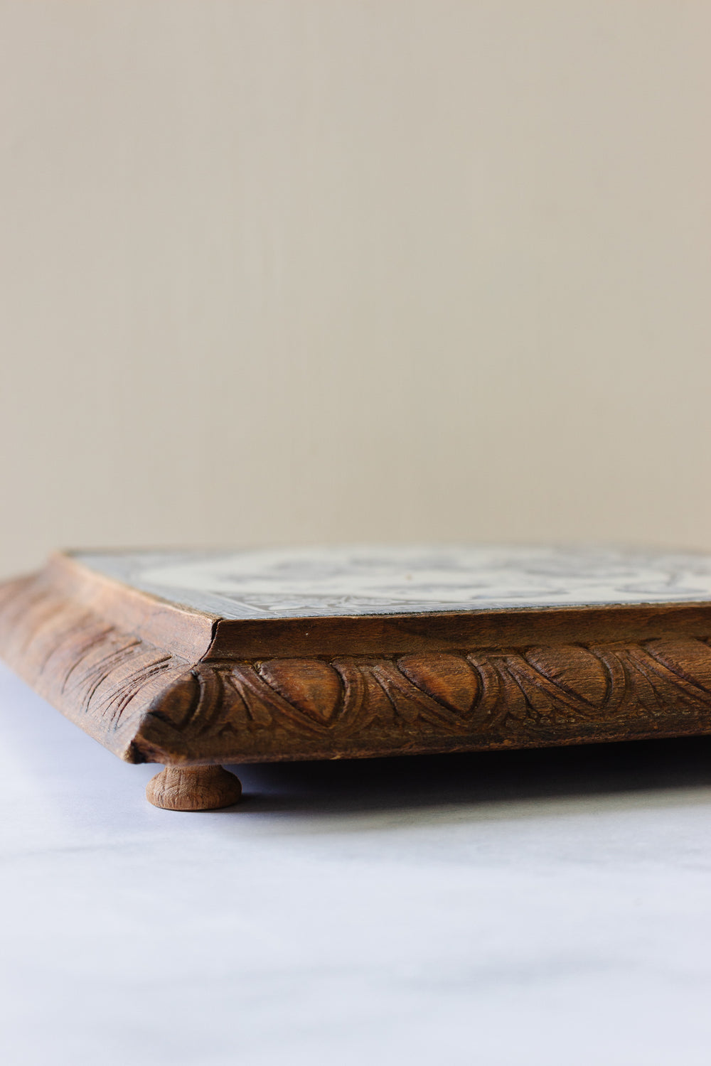 rare antique french Sarreguemines porcelain and wood "sous plat"