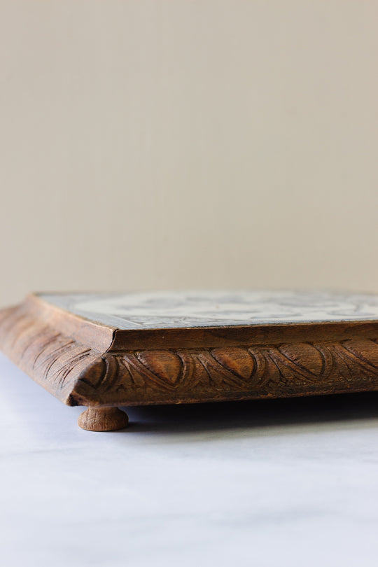 rare antique french Sarreguemines porcelain and wood "sous plat"