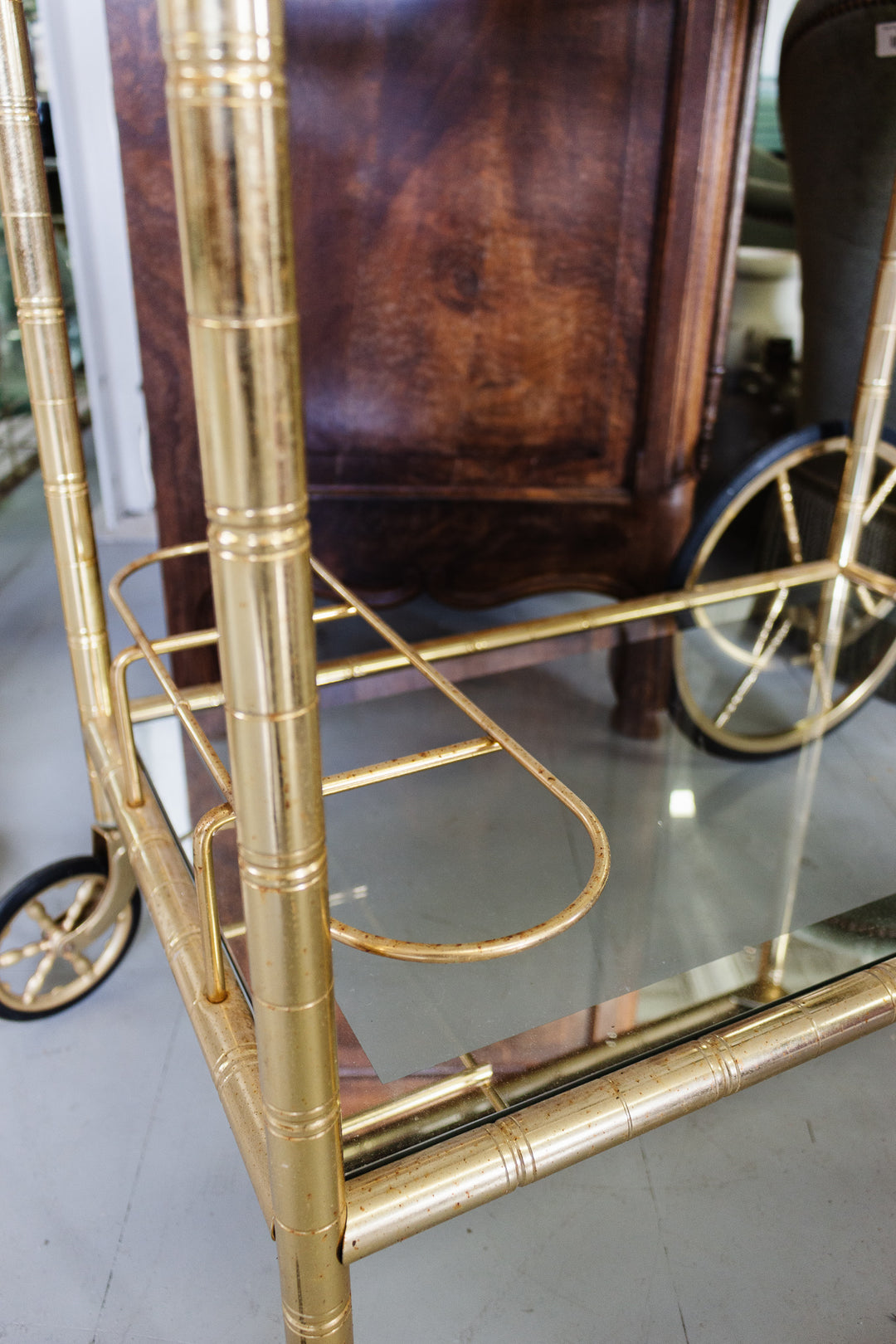 midcentury french faux bamboo brass bar cart