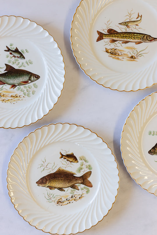 vintage french limoges fish service, full set of 12 with platter