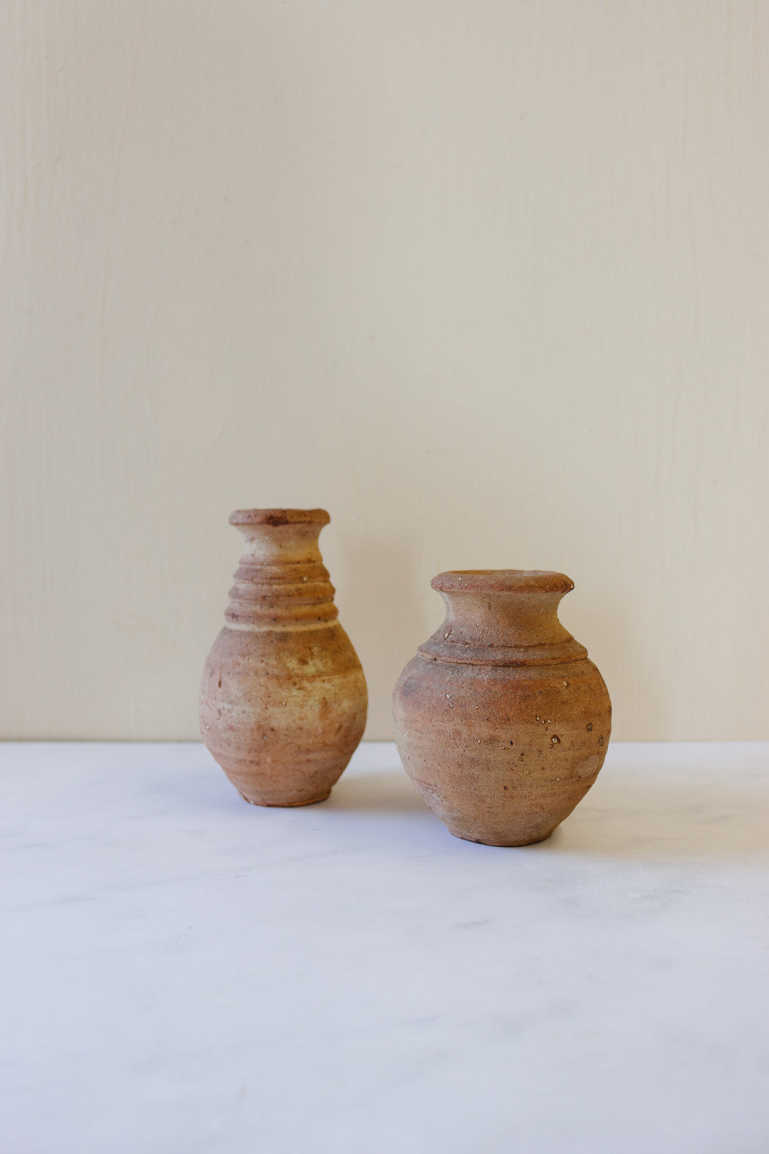 pair of vintage French petite terra cotta pottery vessels