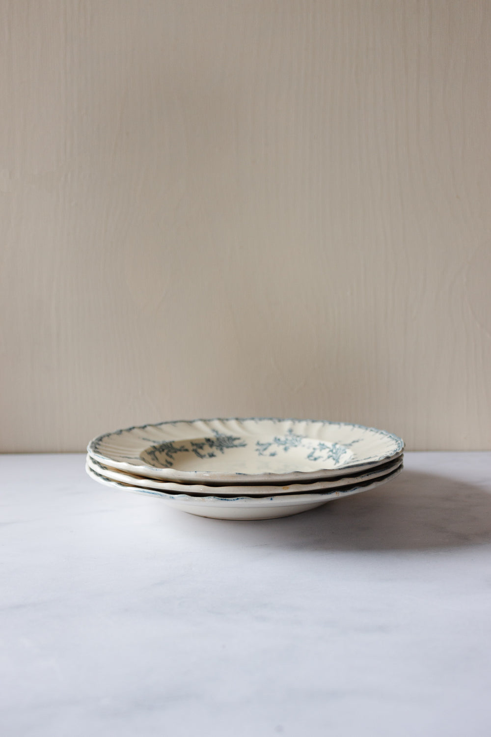 antique French longwy transferware soup plates, set of 3