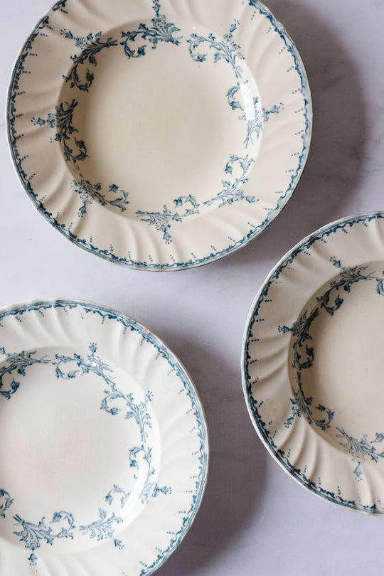 antique French longwy transferware soup plates, set of 3