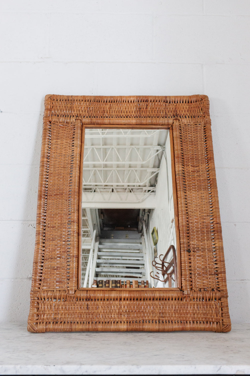 mid century French rattan & wicker frame mirror