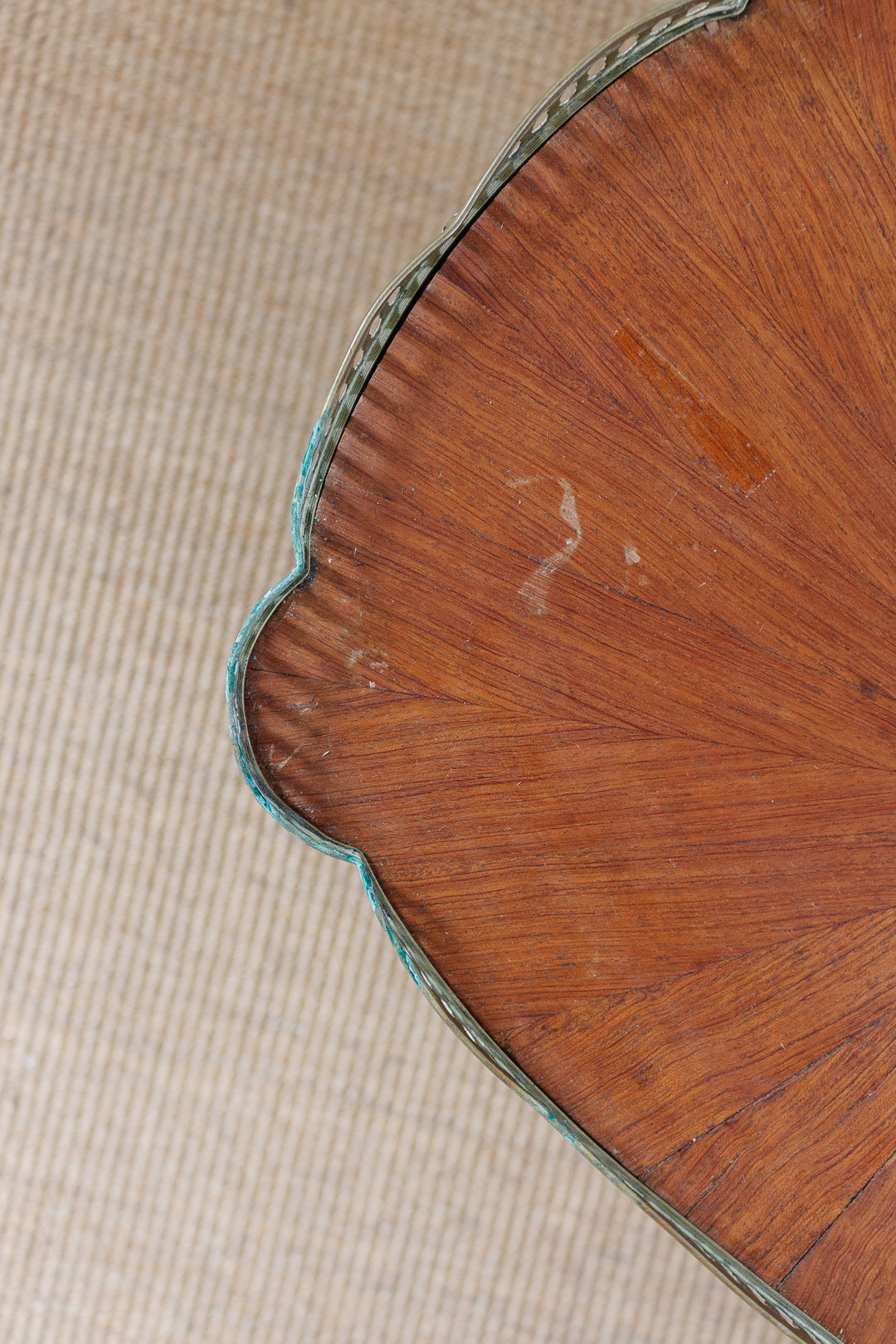 turn of the century french wood inlay and brass side table