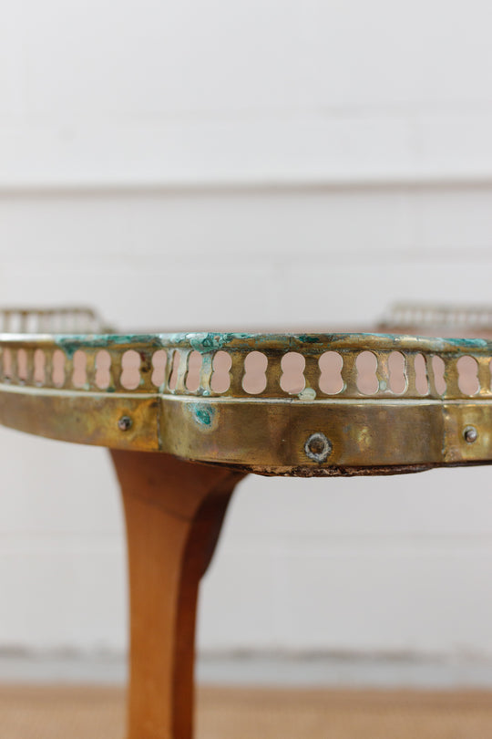 turn of the century french wood inlay and brass side table