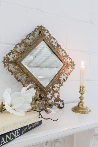 antique french standing brass beveled glass mirror