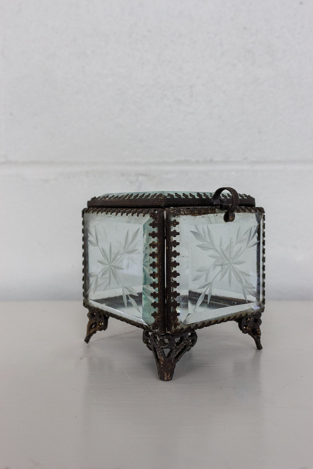 antique ormolu and etched beveled glass bijoux casket