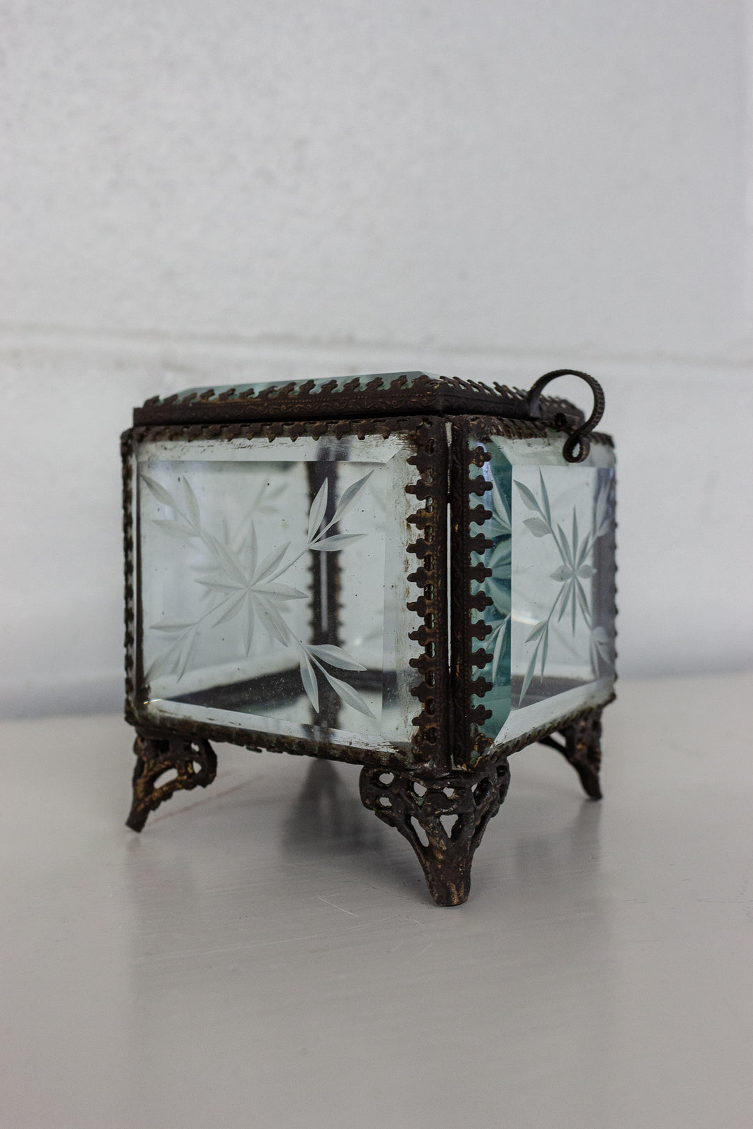 antique ormolu and etched beveled glass bijoux casket