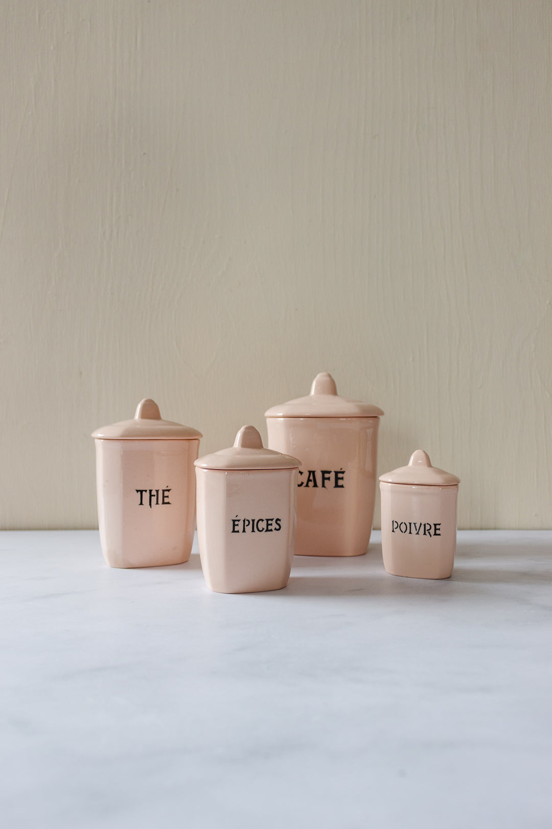 rare midcentury french blush pink ironstone storage pots, set of 4
