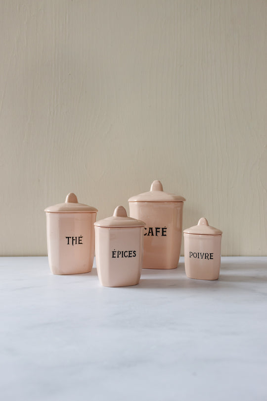 rare midcentury french blush pink ironstone storage pots, set of 4