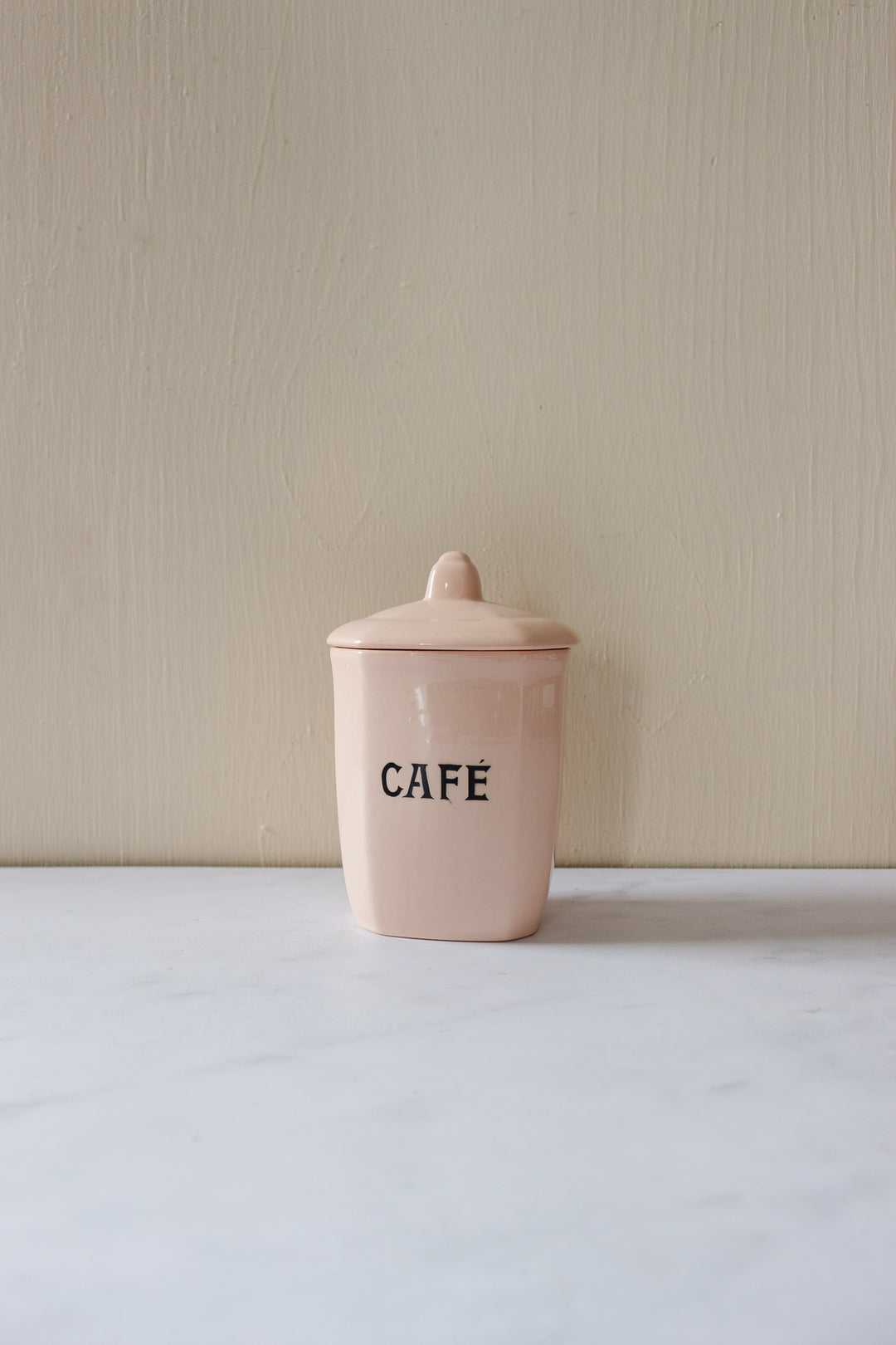 rare midcentury french blush pink ironstone storage pots, set of 4